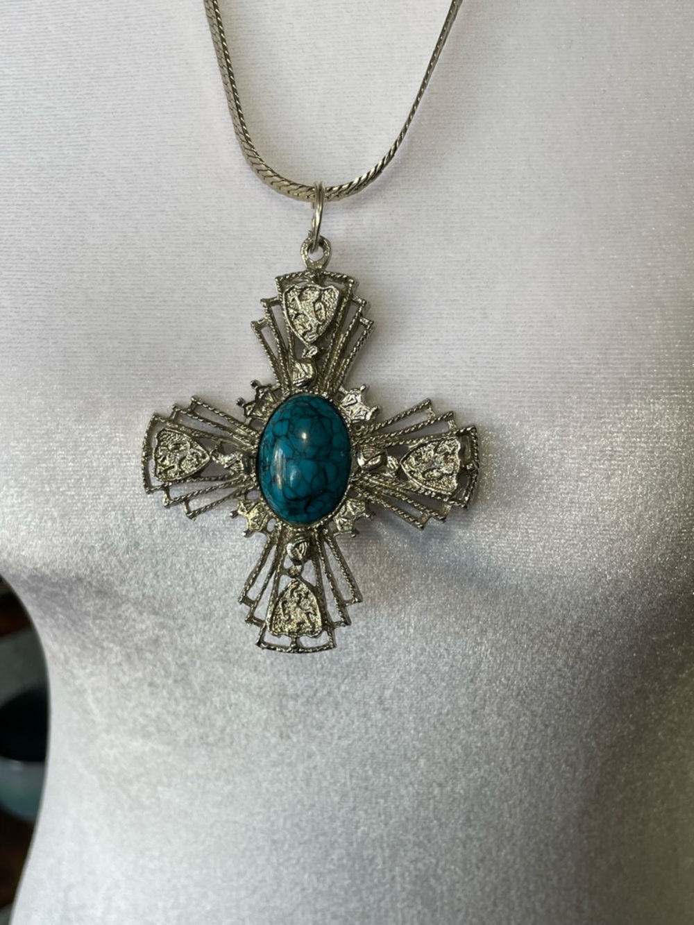 Silver Cross Pendant Necklace with Teal Stone